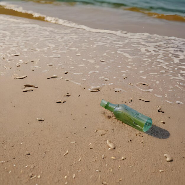 uma garrafa de vinho está deitada na praia perto do oceano