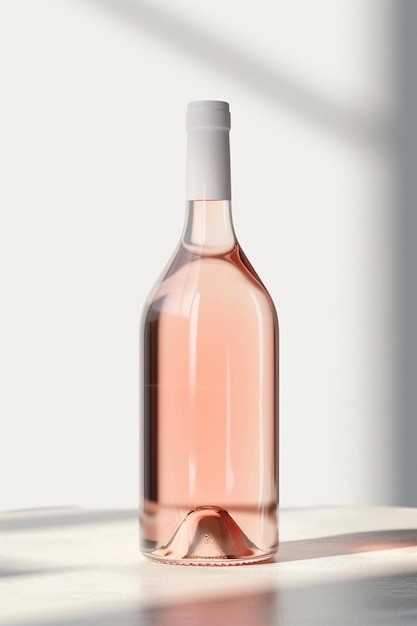 uma garrafa de vinho rosa sobre uma mesa