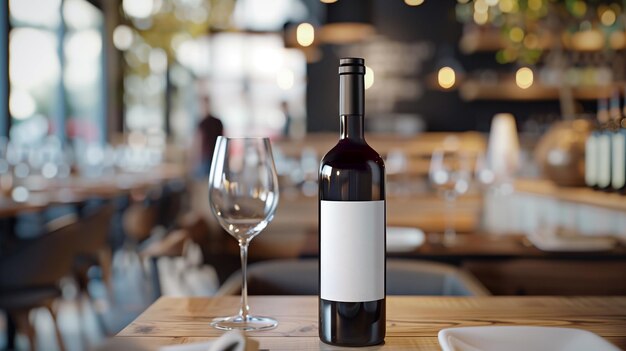 Foto uma garrafa de vinho senta-se em uma mesa ao lado de um copo de vinho uma botella de vinho mockup em um restaurante