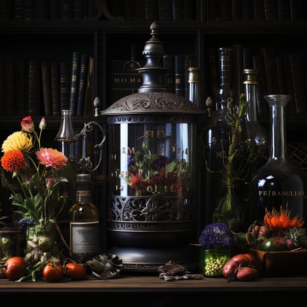 Foto uma garrafa de vinho senta-se em uma mesa com flores e uma botella de vinho