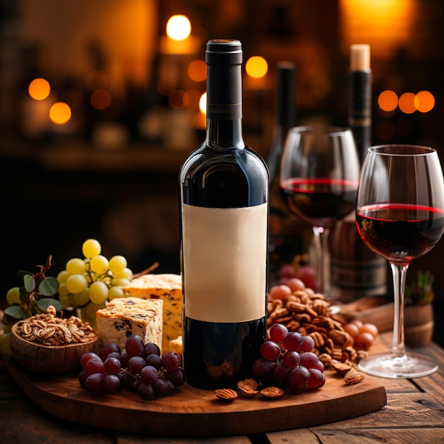 uma garrafa de vinho vermelho com uvas e queijo em torno dele imagem ultra realista
