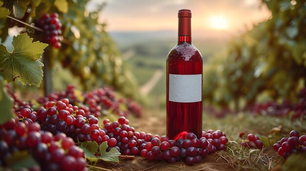 Uma garrafa de vinho vermelho em frente a uma paisagem de terras agrícolas de uvas