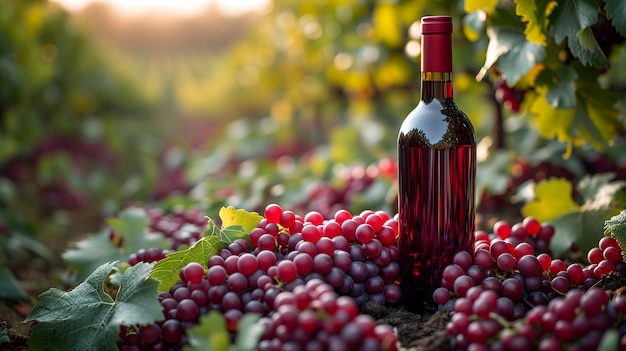Uma garrafa de vinho vermelho em frente a uma paisagem de terras agrícolas de uvas