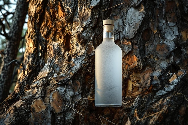 uma garrafa de vodka pendurada em uma árvore