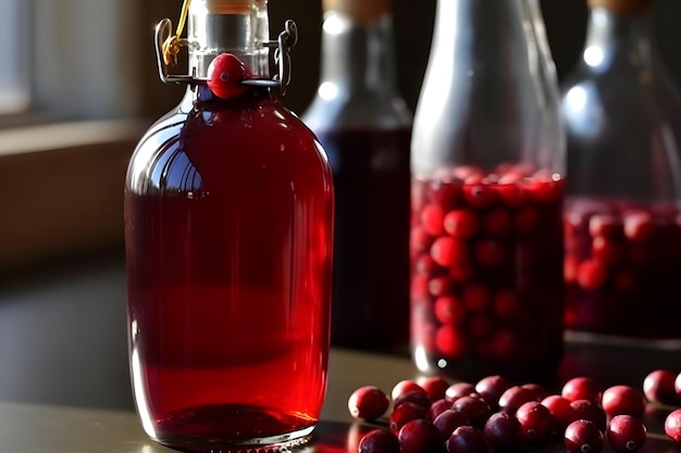 Uma garrafa de xarope de cranberry fica ao lado de uma garrafa de xarope de cranberry.