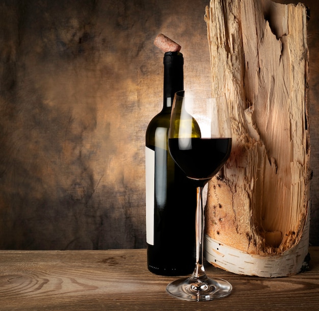 Uma garrafa e um copo de vinho tinto seco em um de madeira
