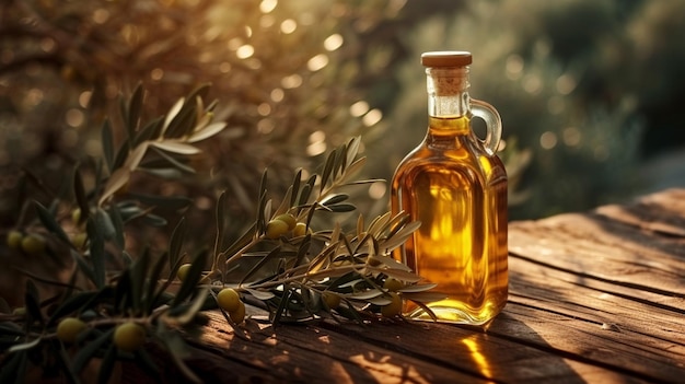 Uma garrafa elegante de azeite de oliva seu líquido dourado rico brilhando na luz suave definida contra um pano de fundo de galhos de azeitona em uma mesa de madeira rústica