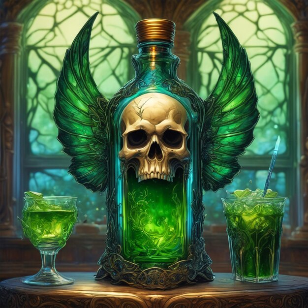 Foto uma garrafa em forma de crânio com uma bebida verde uma pequena fada com belas asas centradas em simetria