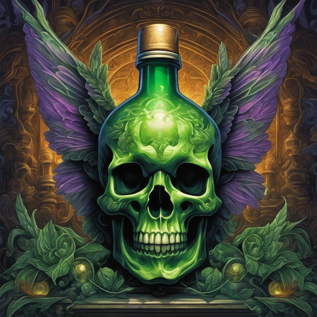 Foto uma garrafa em forma de crânio com uma bebida verde uma pequena fada com belas asas centradas em simetria