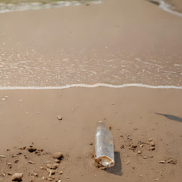 Uma garrafa em uma praia com uma linha de detritos na areia