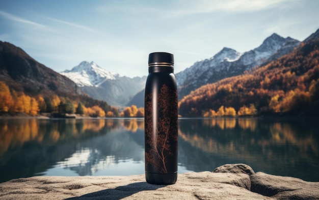 Uma garrafa escura flutuando nas águas pacíficas do lago