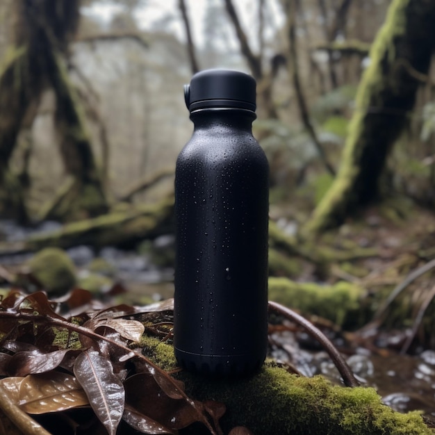 Uma garrafa preta de água fica em um tronco na floresta.