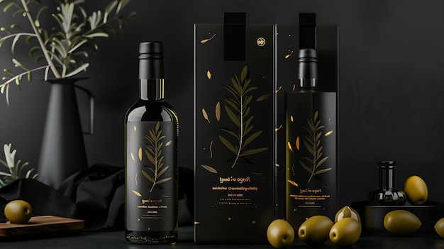 Foto uma garrafa preta de óleo de oliva com um rótulo dourado e uma caixa preta com um galho de oliva dourado