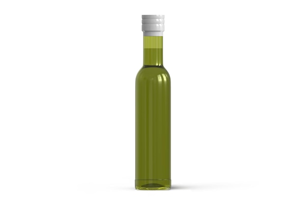 Uma garrafa verde de azeite com fundo branco.