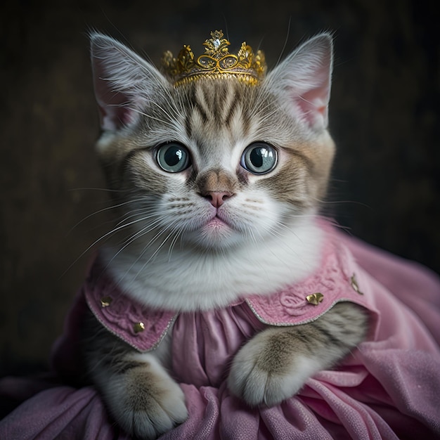 Uma gata usando um vestido com uma tiara.