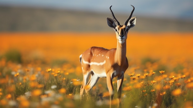 Uma gazela graciosa pastando em um campo aberto com flores silvestres