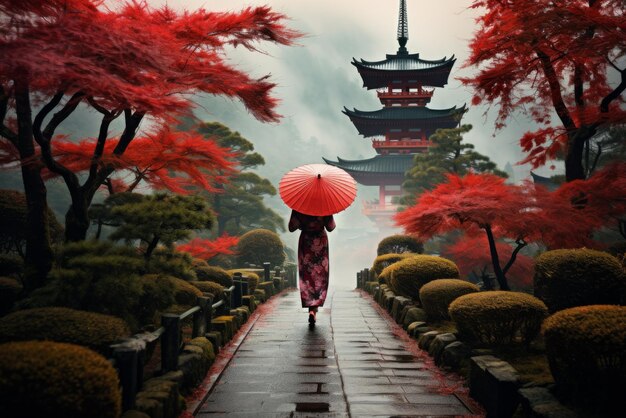 Foto uma geisha japonesa de kimono com um guarda-chuva caminha por um caminho em um parque entre flores vermelhas