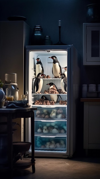 Uma geladeira com pinguins e um deles com um monte de ovos.