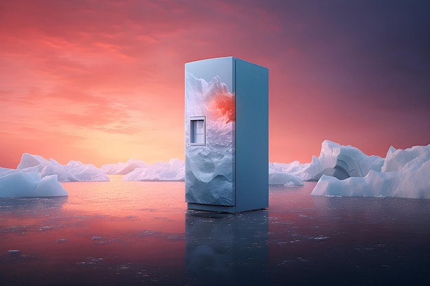 Uma geladeira com uma luz vermelha na porta está cercada por icebergs.