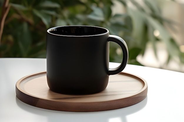 Uma generosa xícara de café em uma bandeja de madeira