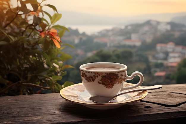 Uma generosa xícara de café em uma bandeja de madeira