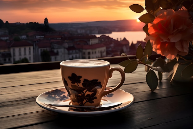 Uma generosa xícara de café em uma bandeja de madeira