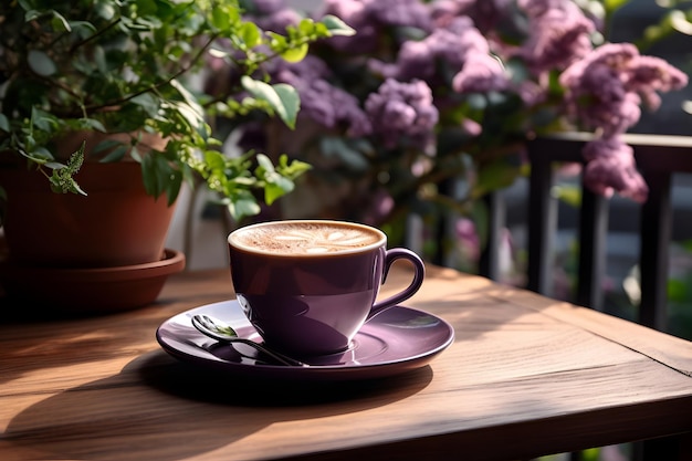 Uma generosa xícara de café em uma bandeja de madeira