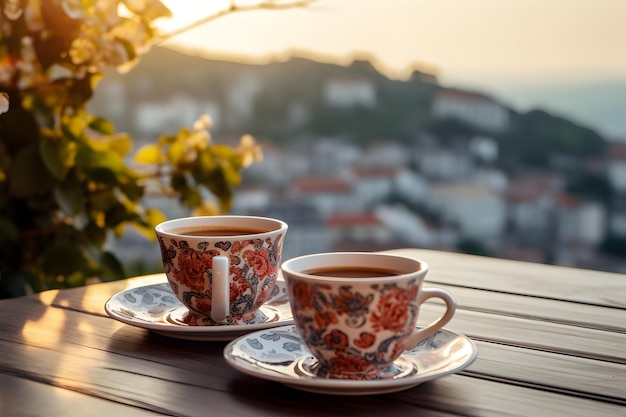 Uma generosa xícara de café em uma bandeja de madeira