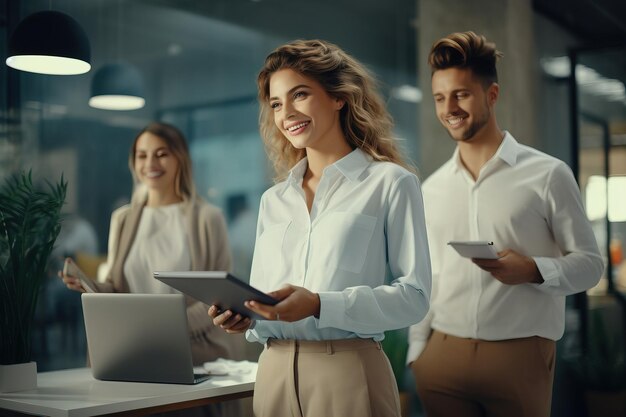 Uma gerente bem-sucedida sorri usa um tablet e laptop para trabalhar on-line um grupo de pessoas equipe
