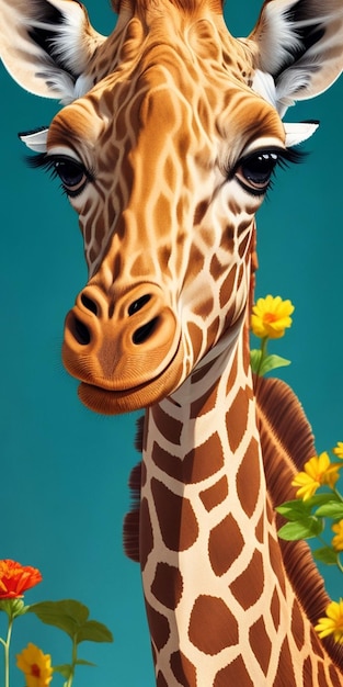 Uma girafa com fundo azul e flores amarelas