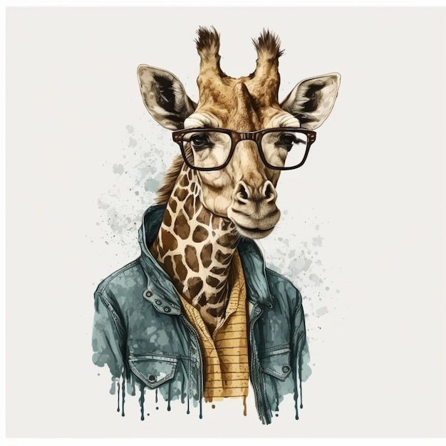 Uma girafa com óculos e uma jaqueta que diz girafa.