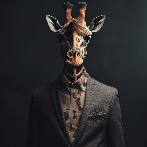 Foto uma girafa com um paletó e uma camisa que diz girafa.