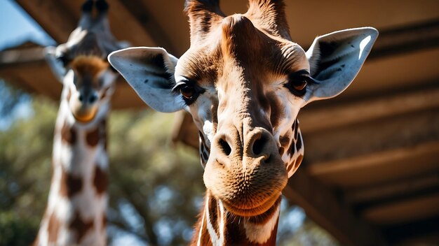 Foto uma girafa com um pescoço longo e um nariz que diz girafa