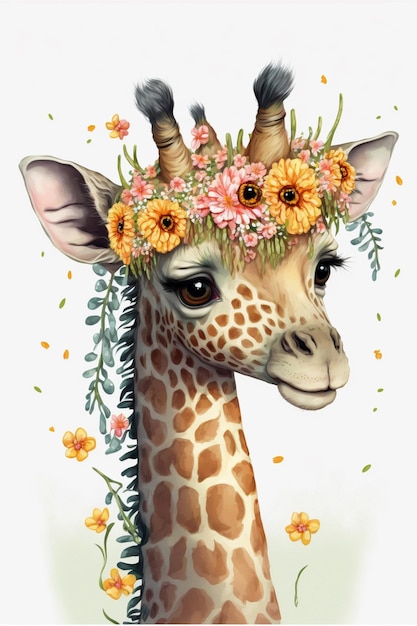 Uma girafa com uma coroa de flores na cabeça