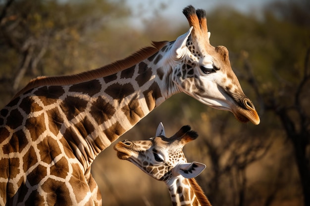 Uma girafa com uma girafa bebê nela