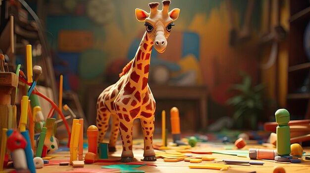 Foto uma girafa desenvolvendo sua própria marca de brinquedos para crianças hyper real hd 4k
