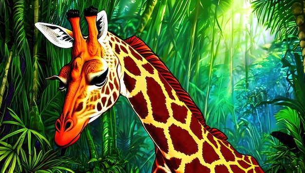 Uma girafa em uma selva com um fundo verde e a palavra girafa nele.