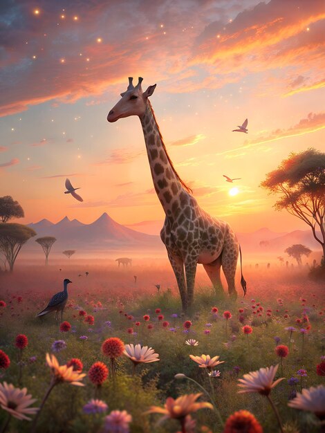 uma girafa está de pé em um campo com flores e um pássaro nele