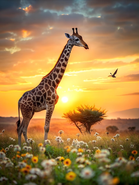 uma girafa está de pé em um campo com um pôr do sol no fundo