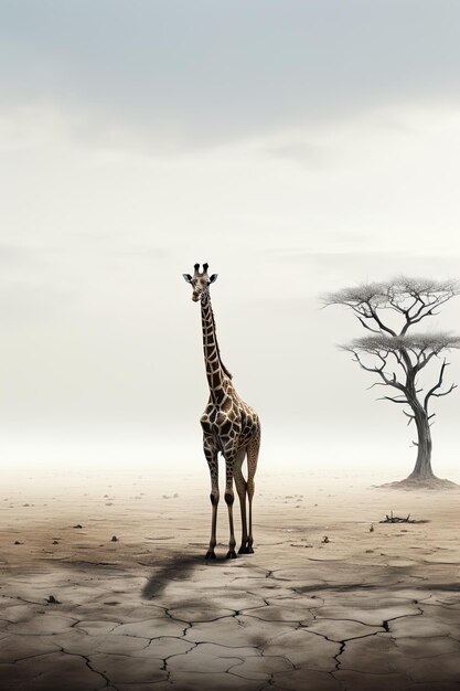 Foto uma girafa está de pé no deserto com uma árvore ao fundo
