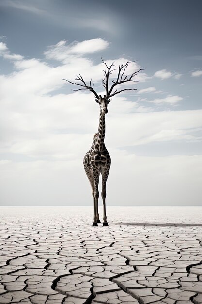 Foto uma girafa está no deserto com uma árvore morta ao fundo