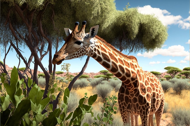 Uma girafa está parada em um campo com uma árvore ao fundo.