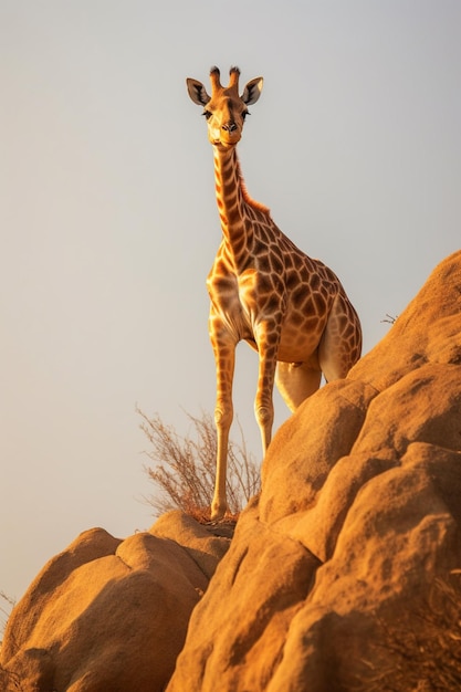 Uma girafa está parada em uma borda rochosa e olhando para a câmera.