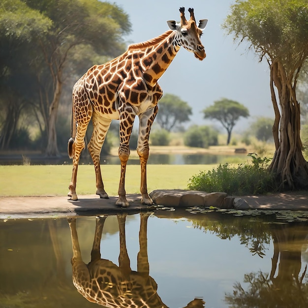 Uma girafa está parada perto de um lago com seu reflexo na água Ai Generated