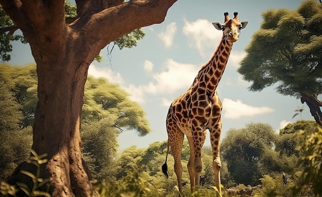 uma girafa está perto de uma árvore frondosa no estilo de hiperdetalhe realista