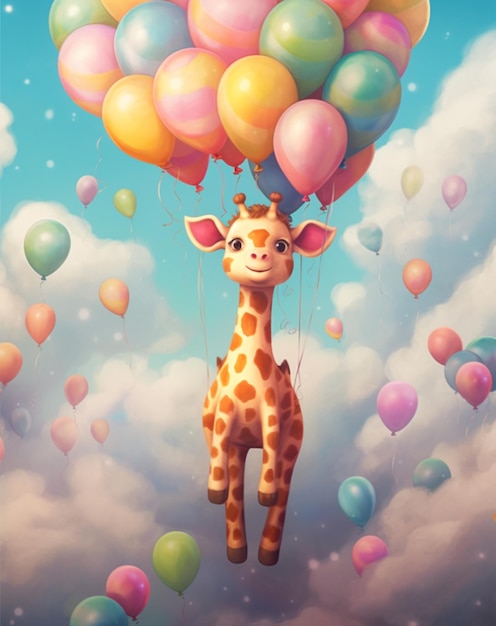 Uma girafa está voando no céu com balões.