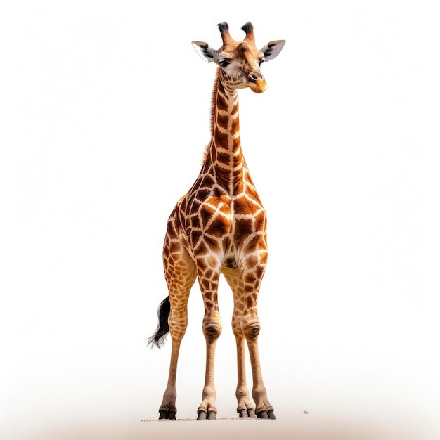 Uma girafa majestosa em pé contra um fundo branco liso