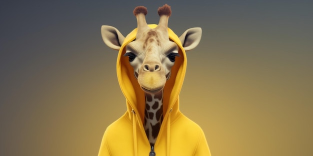 Uma girafa usando um moletom amarelo com a palavra girafa