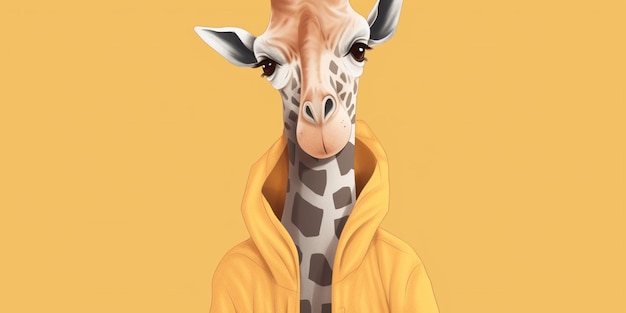 Uma girafa vestindo um moletom amarelo com as palavras girafa no meio.