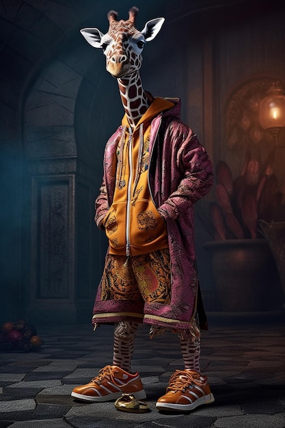 Uma girafa vestindo um moletom que diz 'girafa' nele